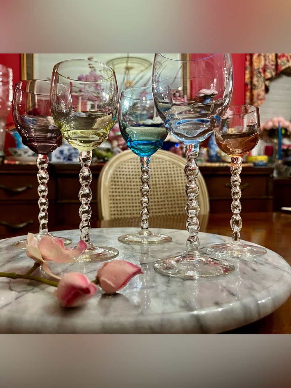 MCM Harlequin Wine & Cordial Glasses 5-Set, Multi-Jewel Tones Twisted Stems